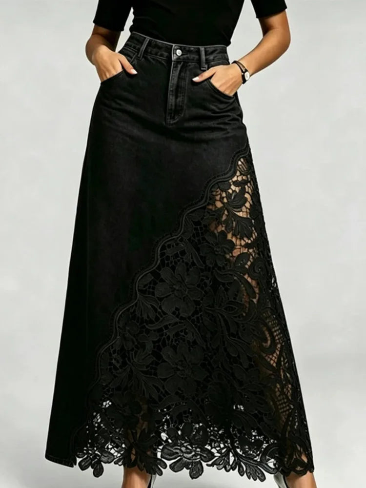 SHENGPALAE Women Denim Maxi Skirt High Waist Washed Lace Splicing Casual Streetwear Floral Hollow Pocket Summer 2026 New
