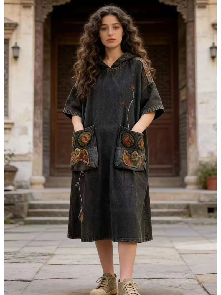 Amax LuluE Spring Vintage Loose Denim Dress Ladies 2026 Fashion Causal Embroidery Vestidos Womens British Classic Luxury Clothes