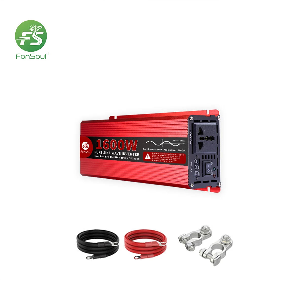 Fonsoul Solar Inverter 1600W DC 12V 24V to DC 110V 220V Pure Sine Wave 1 Universal Outlet Diy Solar Automobile RV Home Appliance