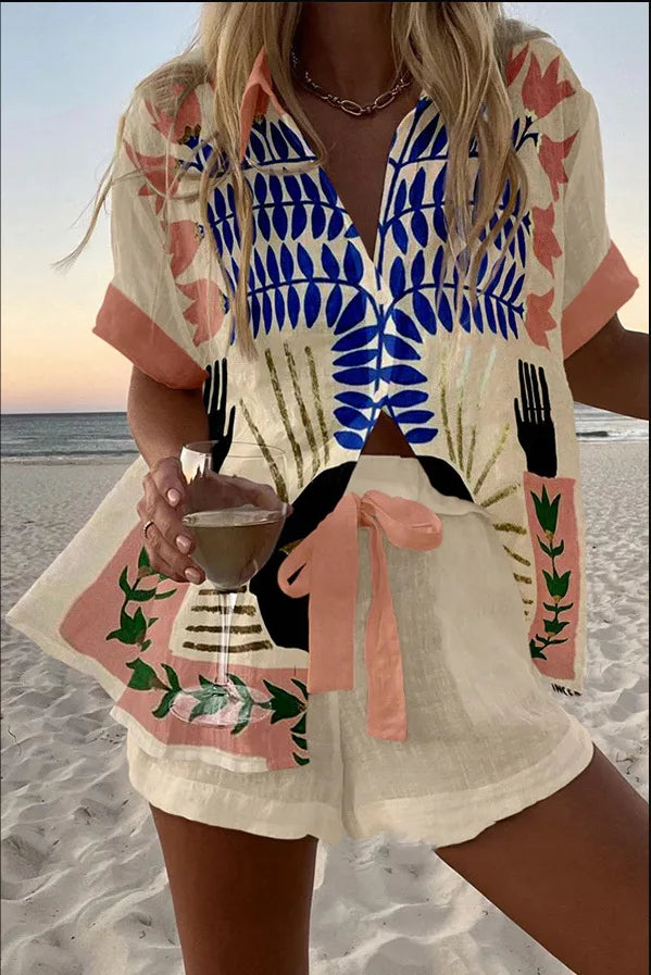 Fashion Print Beach Holiday 2 Piece Set Women Summer Short Sleeve Shirt Top Wide Legs Shorts Women's Oversize Two Piece Outfit