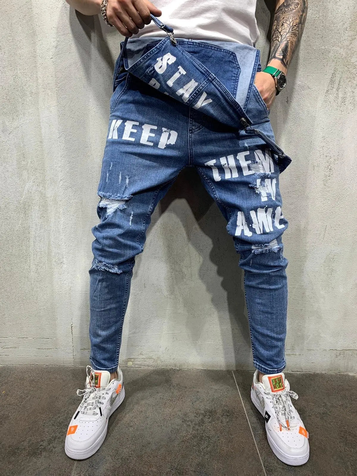 Men Suspenders Denim Jumpsuit Letters Denim Trousers Fashion Overalls Men's Ripped Denim Printed Jeans Men Streetwear