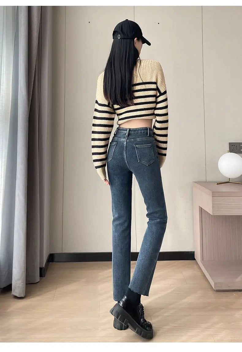 Womens Jeans Fleece Lined Thickened Winter Warm Straight Leg Loose Fit High Waist Slimming Trousers Y2k Clothes Y2k Jeans
