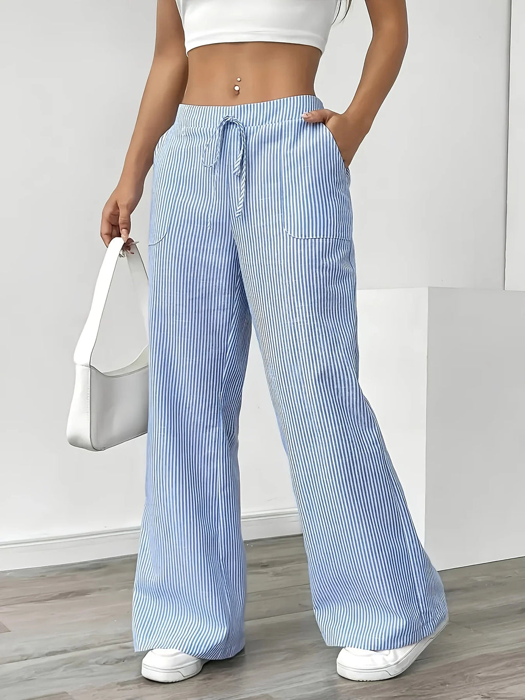 New Women's Casual Striped Sports Pants Popular Fashionable Blue Pocket Pants for Women