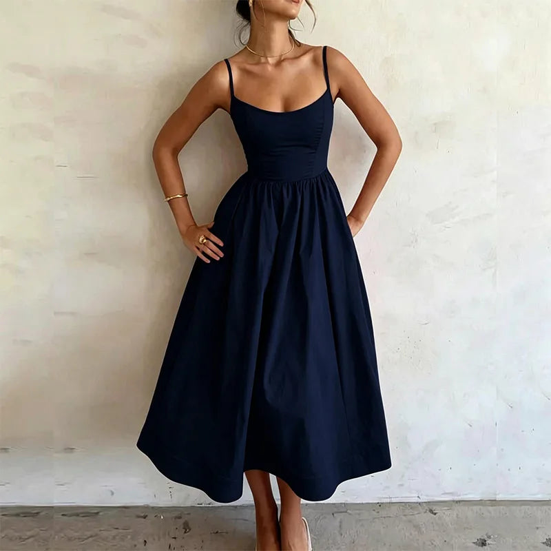 Summer U-neck Casual Female Vintage Elegant Spaghetti Strap Dress Women Elegant Solid Sleeveless A-line Midi Women's Dresses