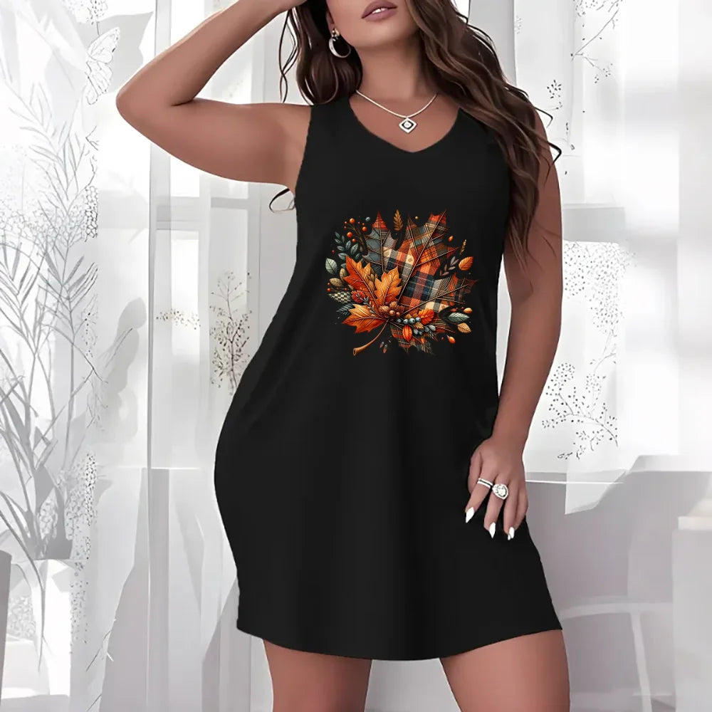 Autumn Fall Theme Women Plus Size Sleeveless Dress Maple Leaf Pumpkin Tree Heart Print Loose Casual Home Vacation Lounge Dress