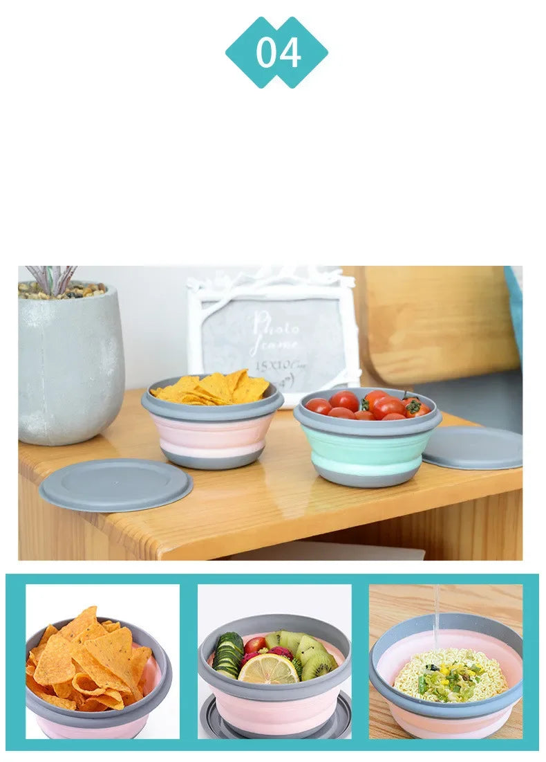 Portable Folding Lunch Box Bowl Sets Silicone 3Pcs/Set Food Container Outdoor Camping Tableware Set Foldable Salad Bowl with Lid