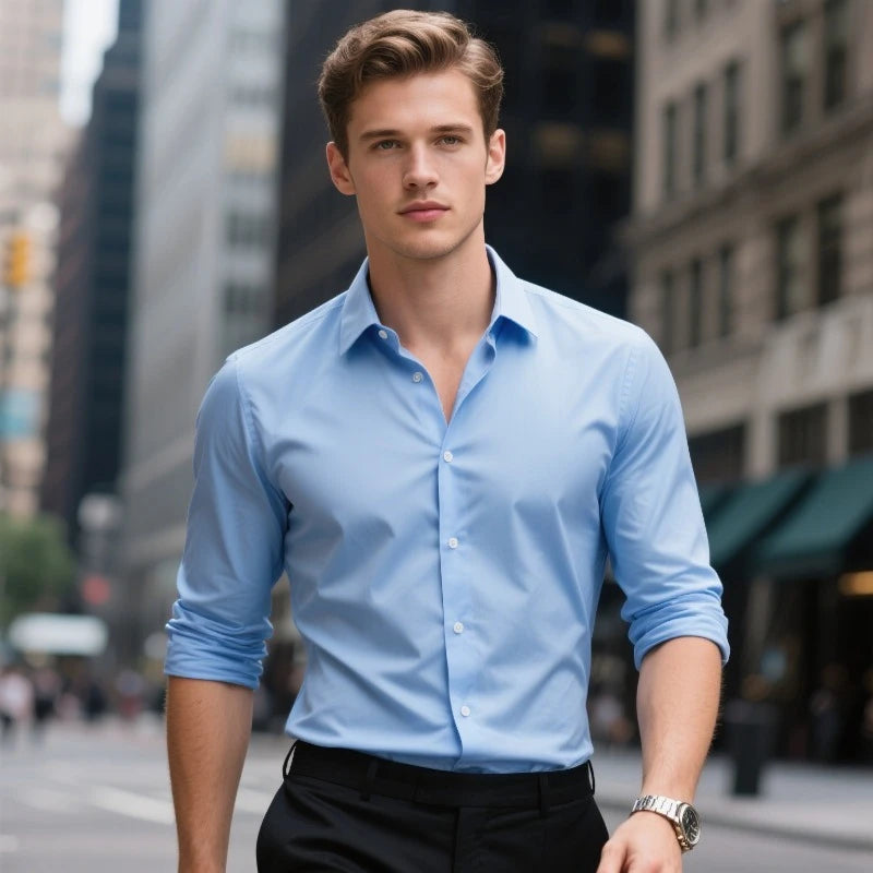 FGKKS New Men Shirts Fashion Quality Long Sleeve Casual Solid Color Elastic Male Business Shirt