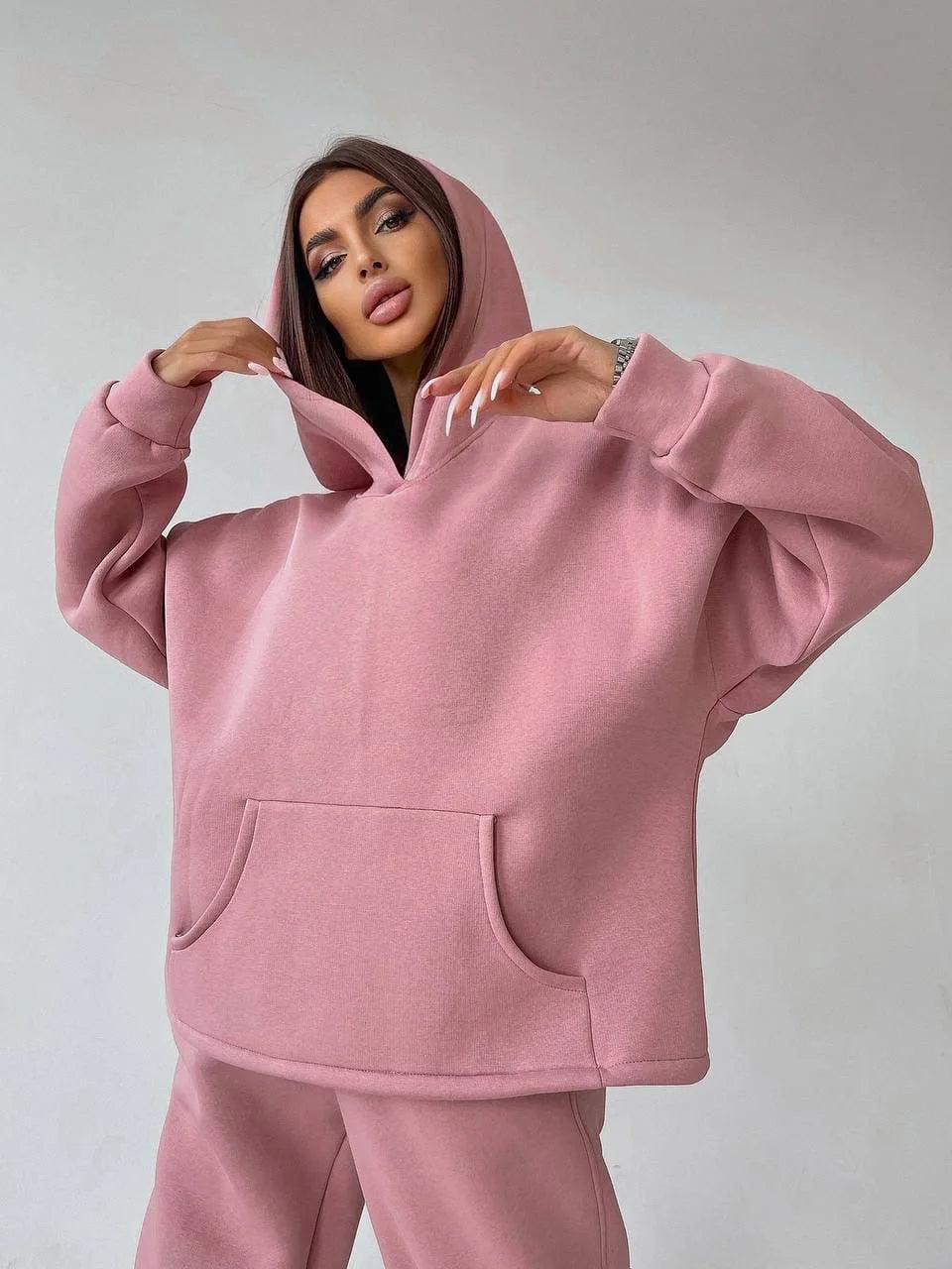 Woman's Solid Color Hooded Sweatshirt Pant Two-piece Set Fashion Long Sleeves Pocket Pullovers Pants Suits Ladies Loose Outfit