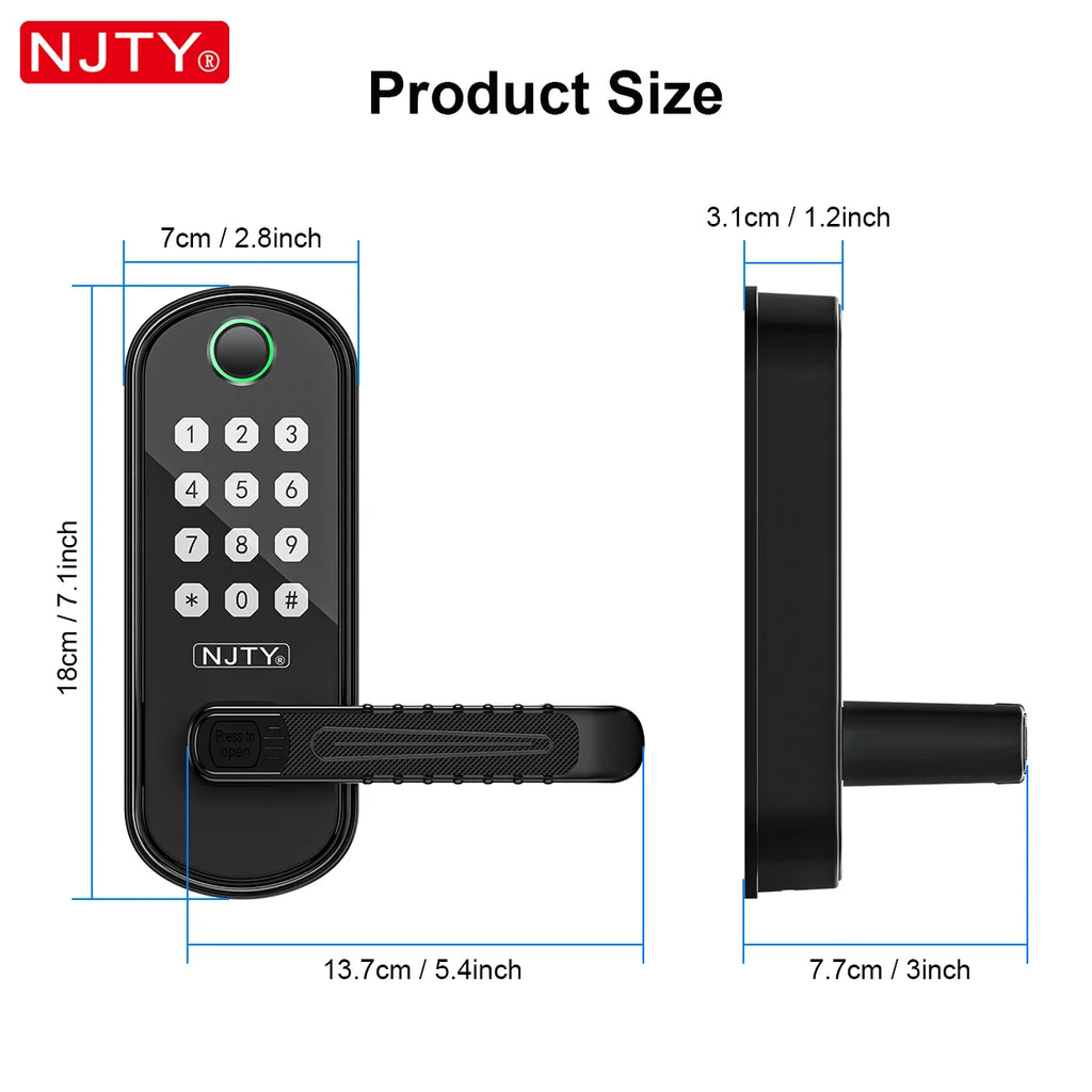NJTY Fingerprint Door Lock Unlock by Fingerprint/Card/App/Password/NFC/Key Anti-Theft Electronic Door Lock for Bedroom/Outside