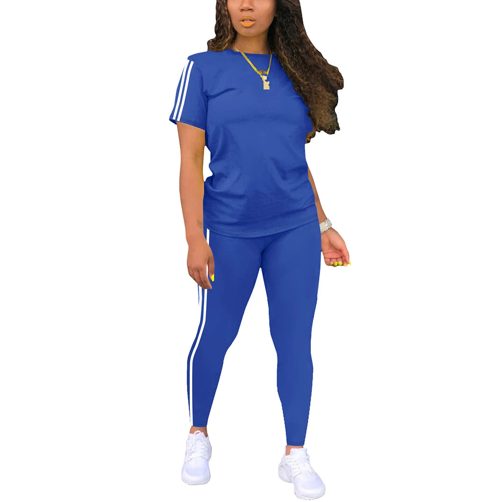 Women's Side-Striped Summer Sportswear Set Short Sleeve Long Pants Breathable Base Layer Clothing Colorful Casual Outfit