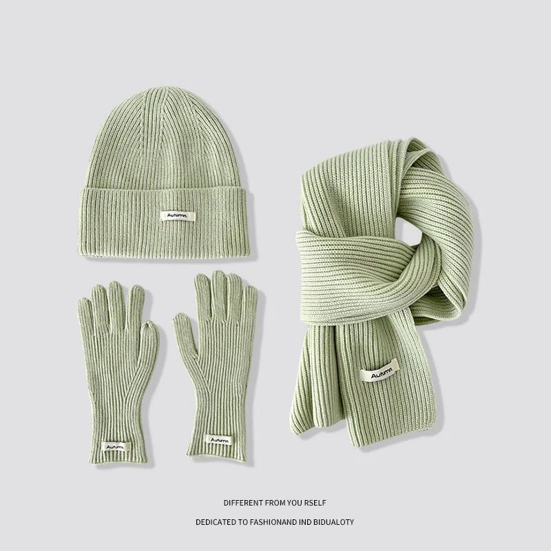 Knitted Winter Scarf Woman Solid Color Hat Scarf Gloves Women's Windproof Adult Three-piece Set Fashion Women's Scarf Hat Set