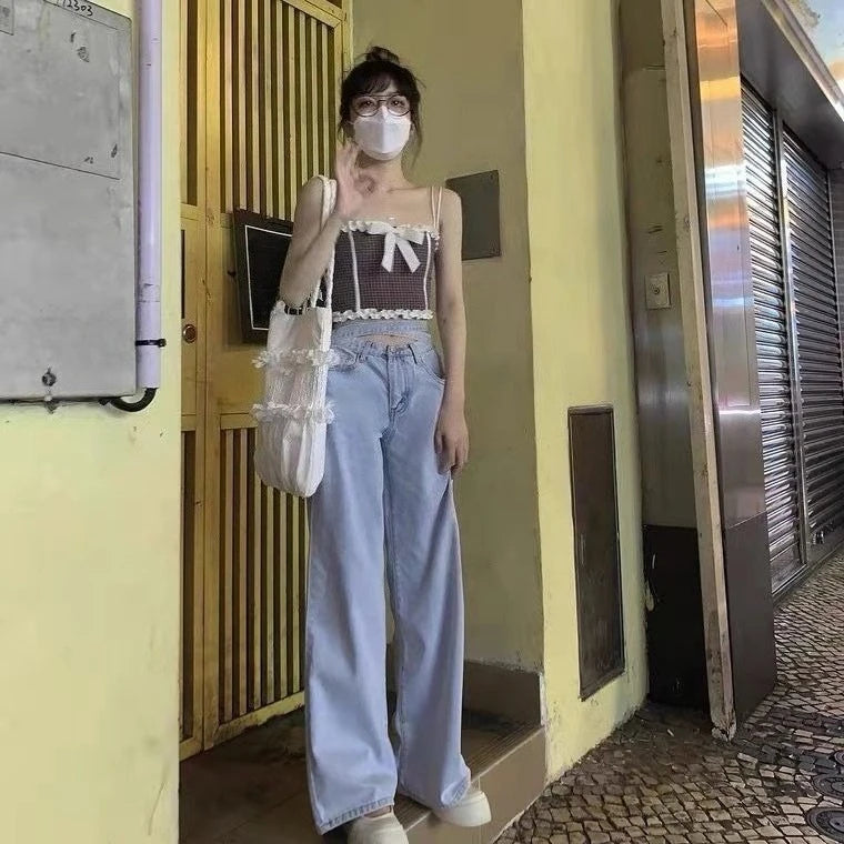 Women's High Waist Baggy Jeans Korean Trendy Loose Wide Leg Denim Pants With Ankle Ties Flowy Floor Length Streetwear