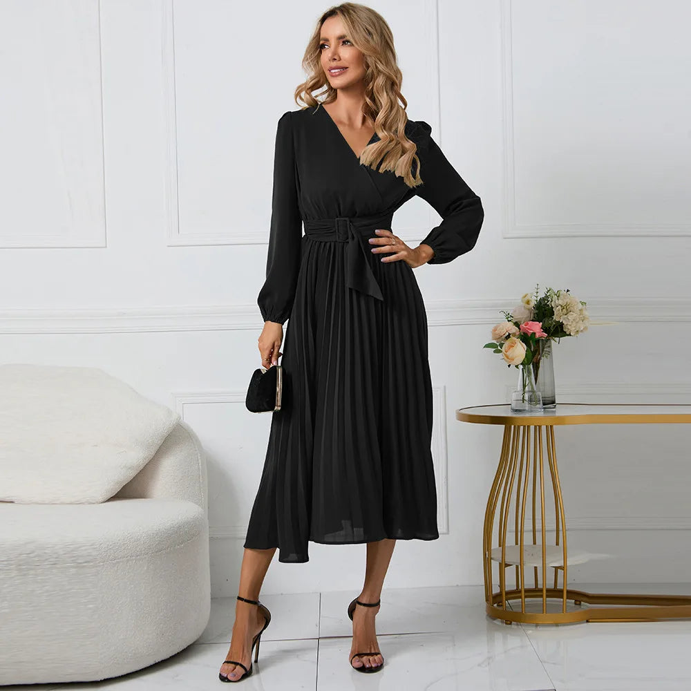 Elegant Women's Green Chiffon Autumn/Winter Long Sleeve Slim Fit Pleated Dress Fashion Women's V-neck Belt Party Dresses S-2XL