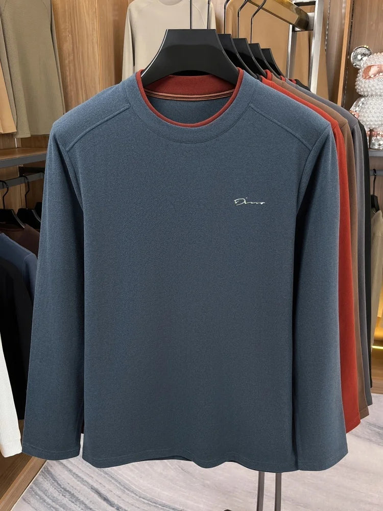Unique fake two pieces round neck sweater men fashion brand letter emboss pullover autumn winter warm velvet long sleeve T-shirt