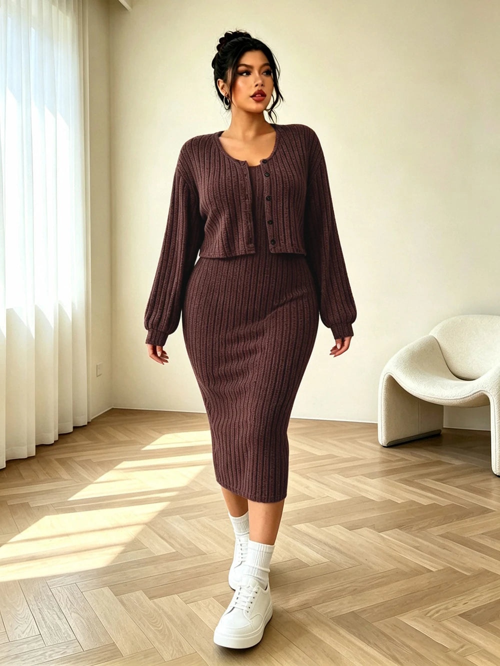 Plus-size women's new autumn ribbed knit drop-shoulder front-button jacket and fitted midi dress