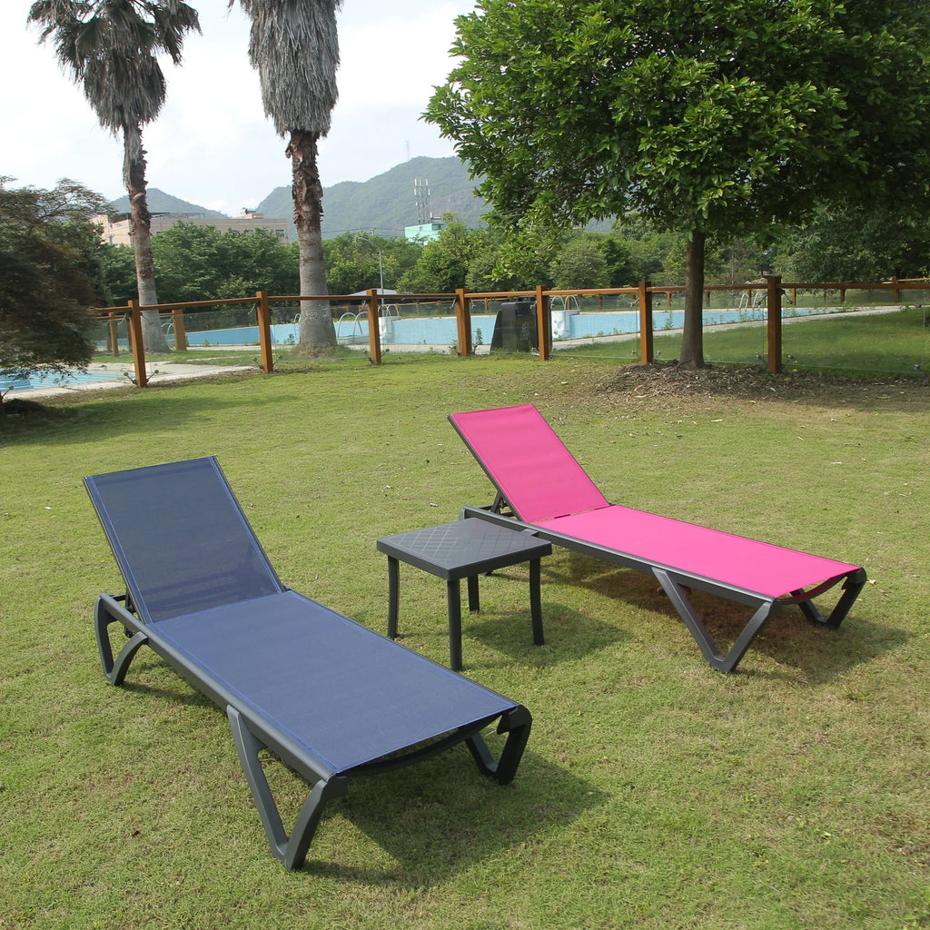 ！@！@3pcs Adjustable Aluminum Outdoor Sun Loungers Blue Textilene Side Table All Weather Leisure Deck Lawn Poolside Backyard Lake