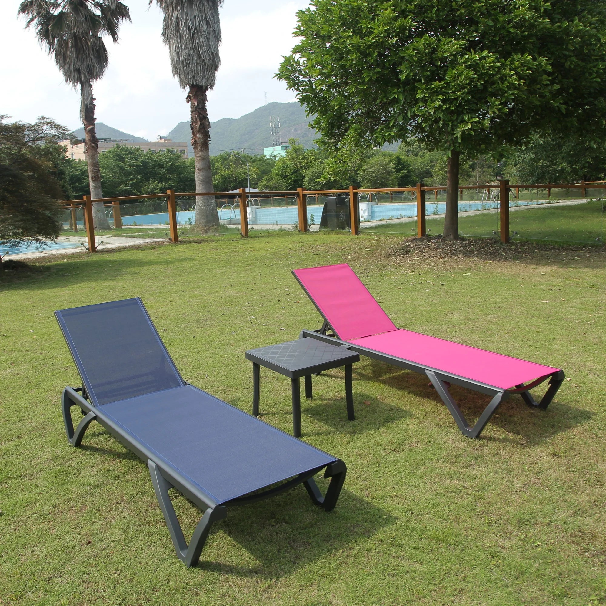 ！@！@3pcs Adjustable Aluminum Outdoor Sun Loungers Blue Textilene Side Table All Weather Leisure Deck Lawn Poolside Backyard Lake