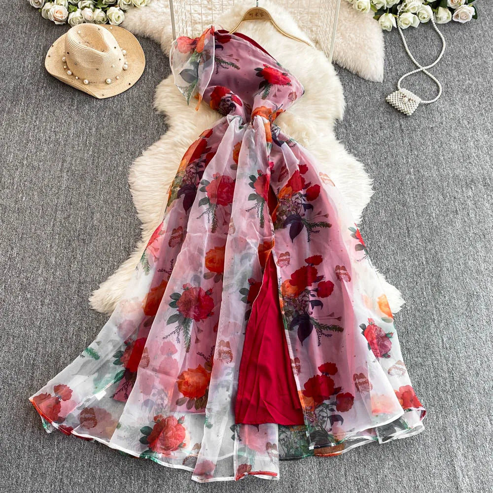 Spring Floral Series Holiday Dr Women's Summer High Waist Slim Fit Sexy Strapl Midi Length Belted Gown Korean Sle