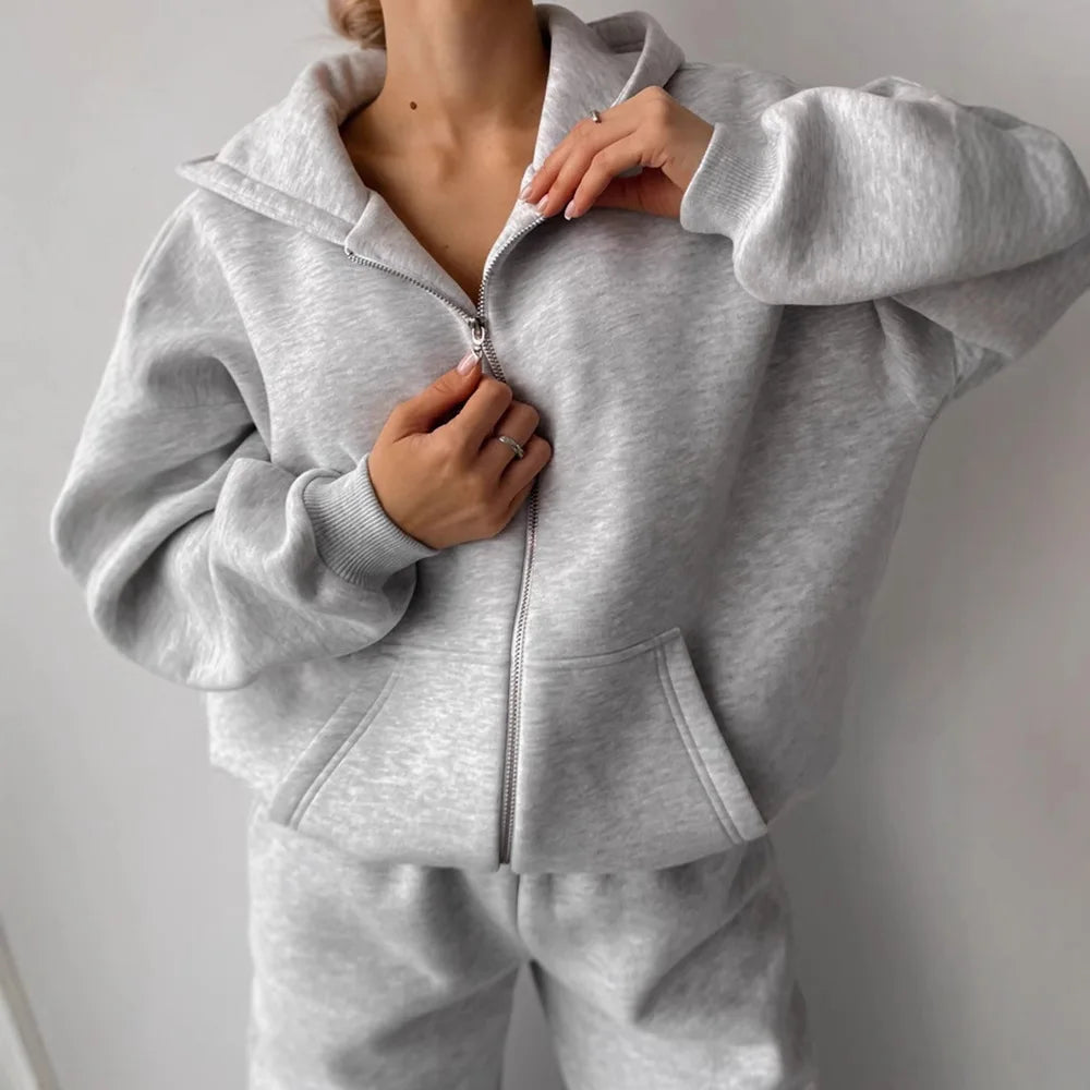 Women's Casual Suit Solid Color Long Sleeve Hooded Cardigan Pocket Sweater Elastic Pants Two-piece Set