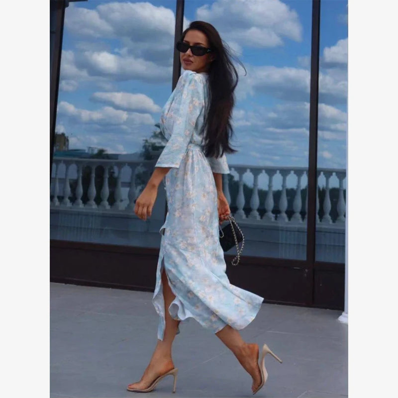 Women Floral Print Short Sleeve Maxi Dress Fashion V-neck Ruffle Trim Belted Slit Hem Dresses Casual Lady Daily Vacation Gowns