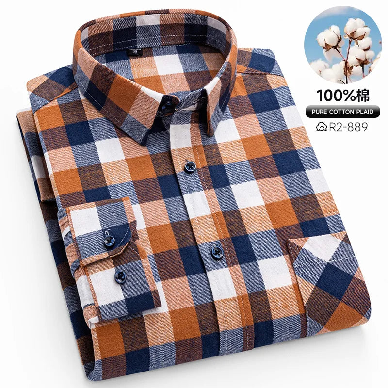 Classic Retro Plaid Flannel Shirt Long Sleeve 100% Cotton Fashion Casual Soft Spring Autumn Winter Standard Pocket Men's Shirt
