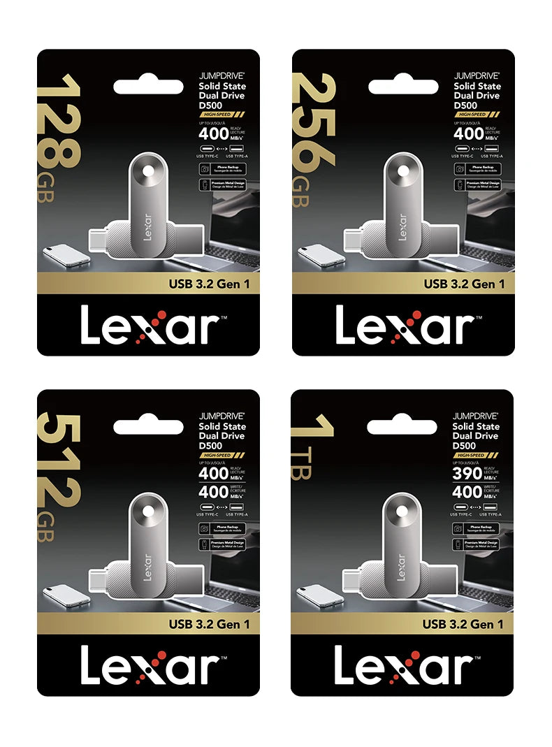 Lexar USB 3.2 Type-C and Type-A Flash Drive Metal Pendrive 128GB 256GB 512GB 1TB Max 400Mb/s U Disk for Xiaomi Huawei iPhone 15