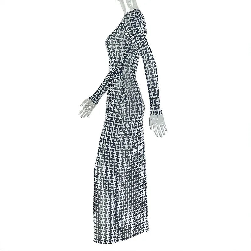 Women's Turtleneck Long Sleeve Waistband Ribbons Decoration Hips Wrapped Split Long Dress, Slight Perspective