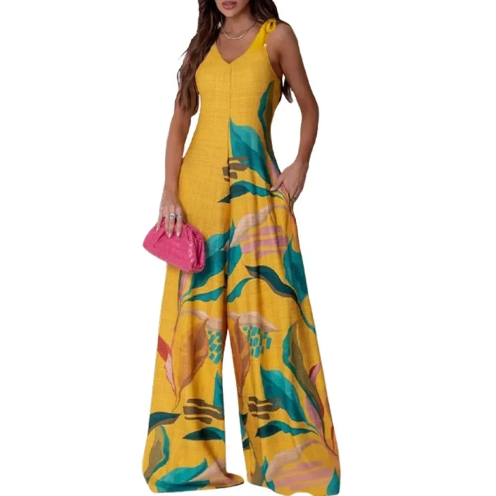Summer European-style Printed V-neck Tie Jumpsuit, Pocket Vest, Wide-leg Jumpsuit