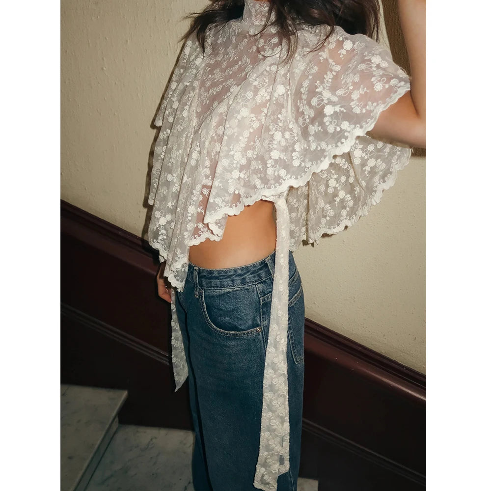 Women Summer Kawaii Grunge Lace Floral Embroidery T-Shirts Coquette Sexy Sheer Irregular Ruffles Flutter Sleeve Loose Shirts Top