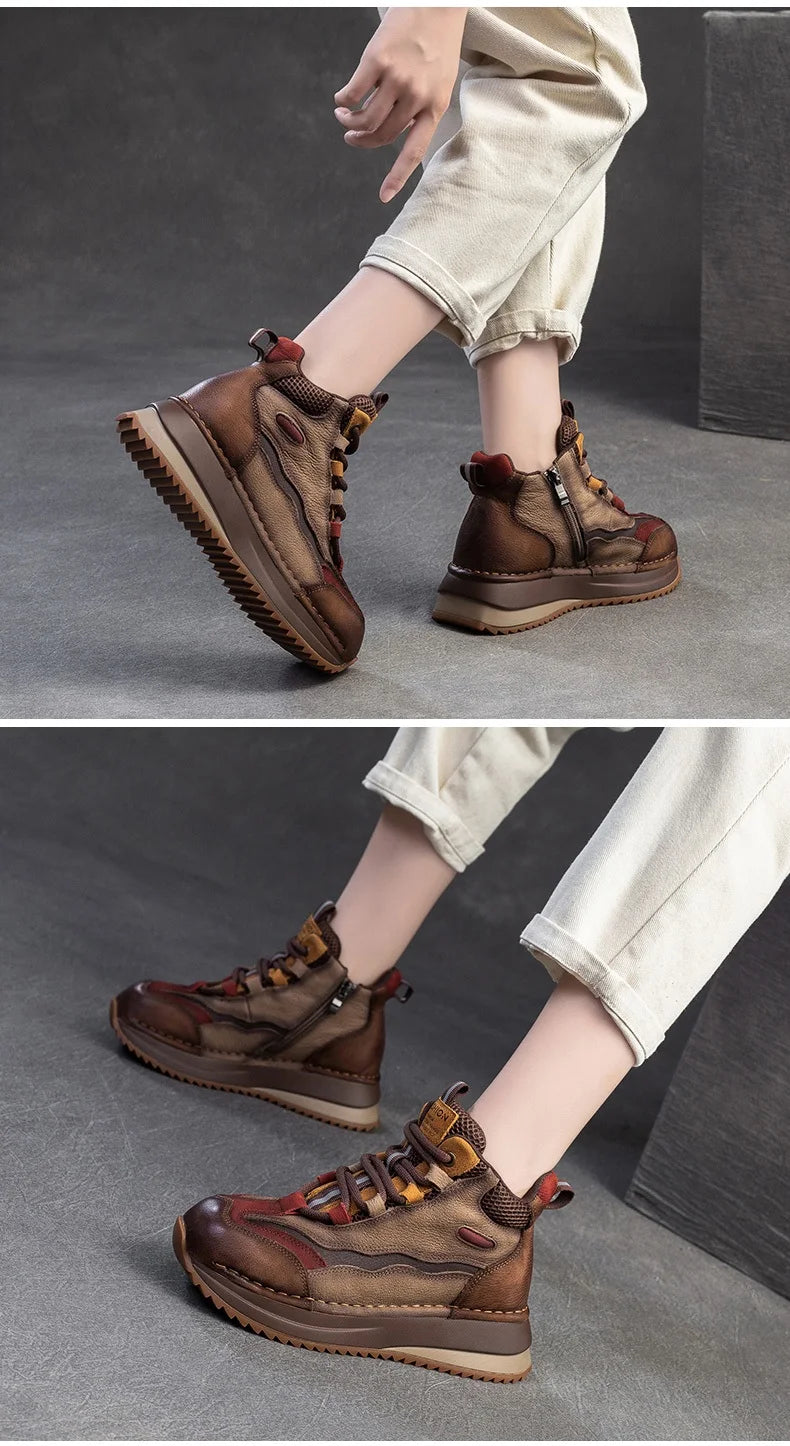 DRKANOL 2026 Women Boots Autumn Winter Mixed Colors Genuine Cow Leather Warm Ankle Boots Ladies High Top Casual Sneakers Shoes
