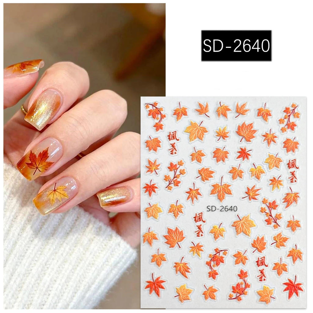 3 to 30 Sheets Autumn Maple Leaves Nail Stickers 5D Embossed Gold Foil Fall Leaf for Nails, Self-Adhesive DIY Manicure Art