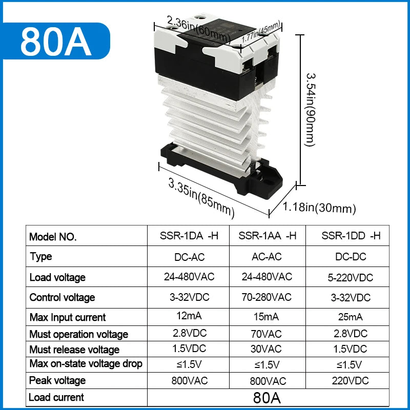 SSR Solid State Relay 24-480VAC Heat Sink Single Phase DIN Rail Mounted 10A 25A 40A 60A 80A 100A 120A DA AA DD Zero Crossing