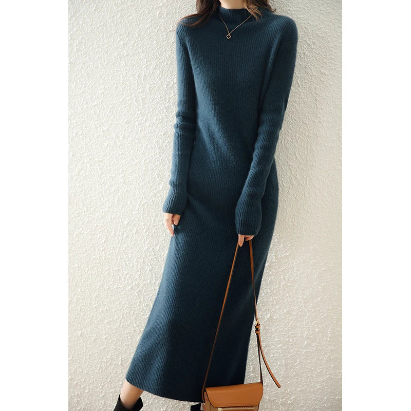 Autumn and winter semi high neck drawstring high elasticity slim fit 100% wool pullover dress, mid length over knee cashmere