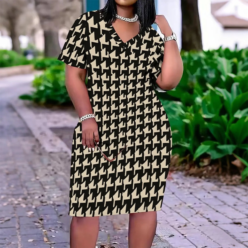 Retro Printed Short Sleeved Skirt Daily Street Wear Women's Sexy Slim Skirt Summer Ladies Dress Plus Size V-neck Mini Skirt