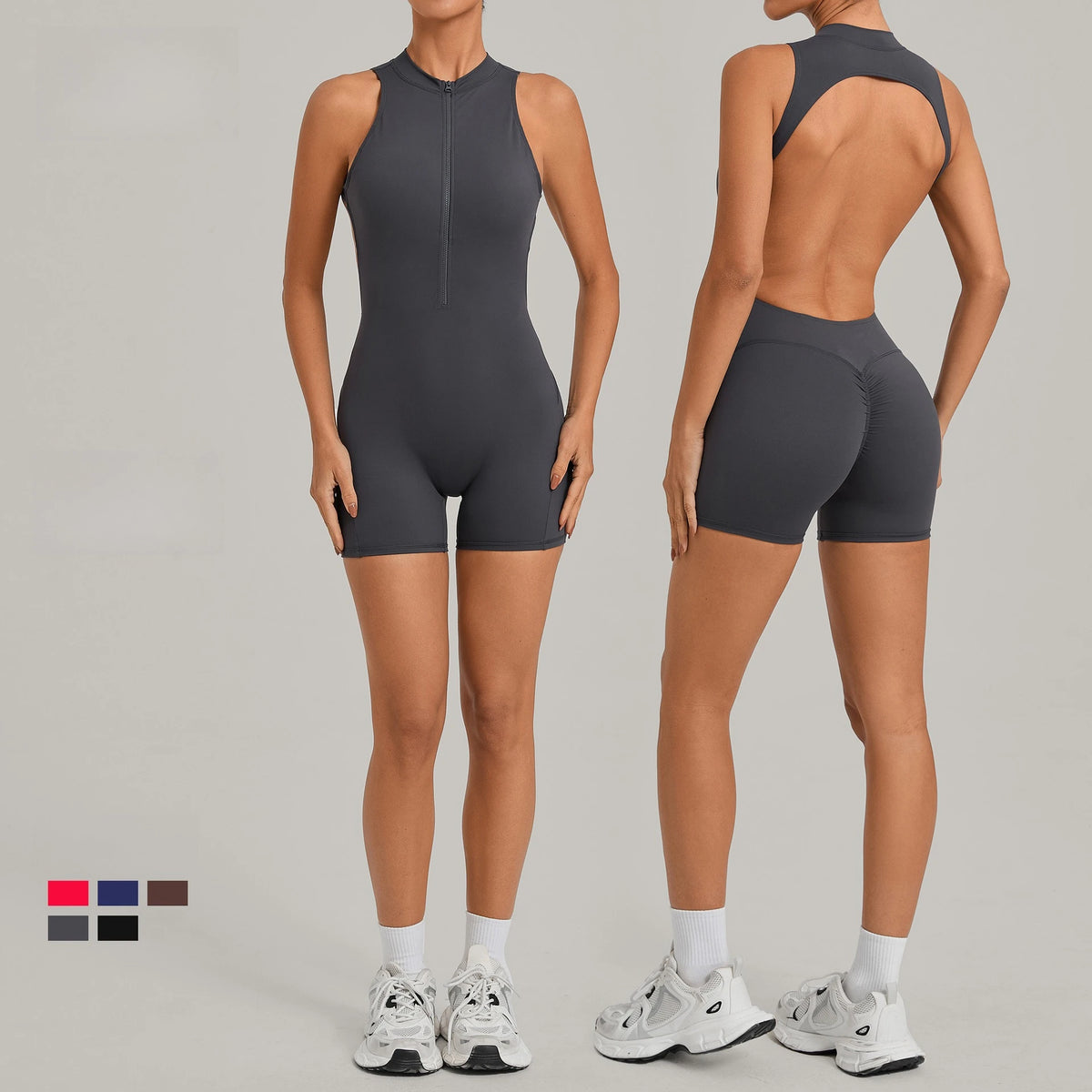 Sexy Hollow Backless Unitard Gym Women Romper Sleeveless Zipper Scrunch Butt Short Jumpsuit for Fitness Sports Short Playsuit
