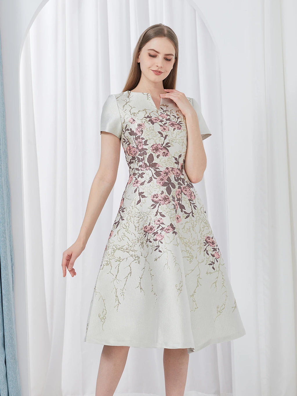 DEVCHATA Elegant Flower Jacquard Dress New Luxury Summer Boho Floral Fashion Party Clothing Mid-Calf Ball Gown Casual Vestidos