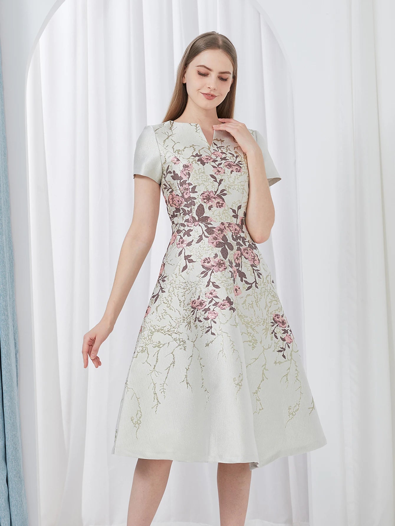 DEVCHATA Elegant Flower Jacquard Dress New Luxury Summer Boho Floral Fashion Party Clothing Mid-Calf Ball Gown Casual Vestidos