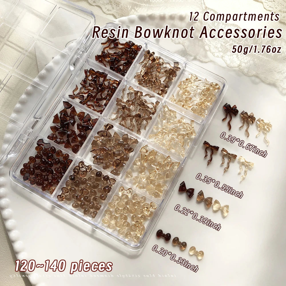 12Grids 3D Mini Maillard Brown Bowknot Kawaii Ribbon Bow New Year Nail Art Decorations Autumn Winter Y2K Bowtie Nail Rhinestones