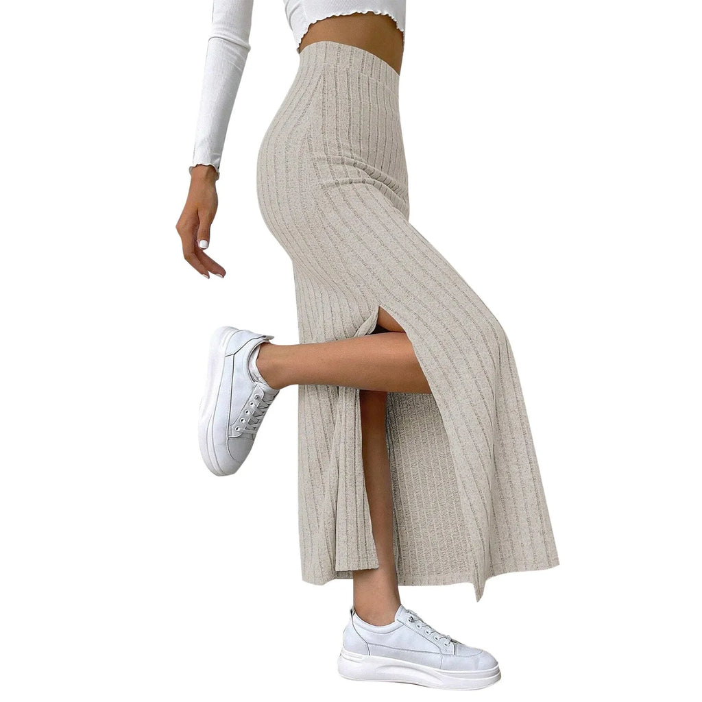 Womens Ribbed Knit Split Thigh Maxi Skirt High Waist Bodycon Pencil Skirt Casual Spring Summer Office Lady Chic Long Skirts 2026
