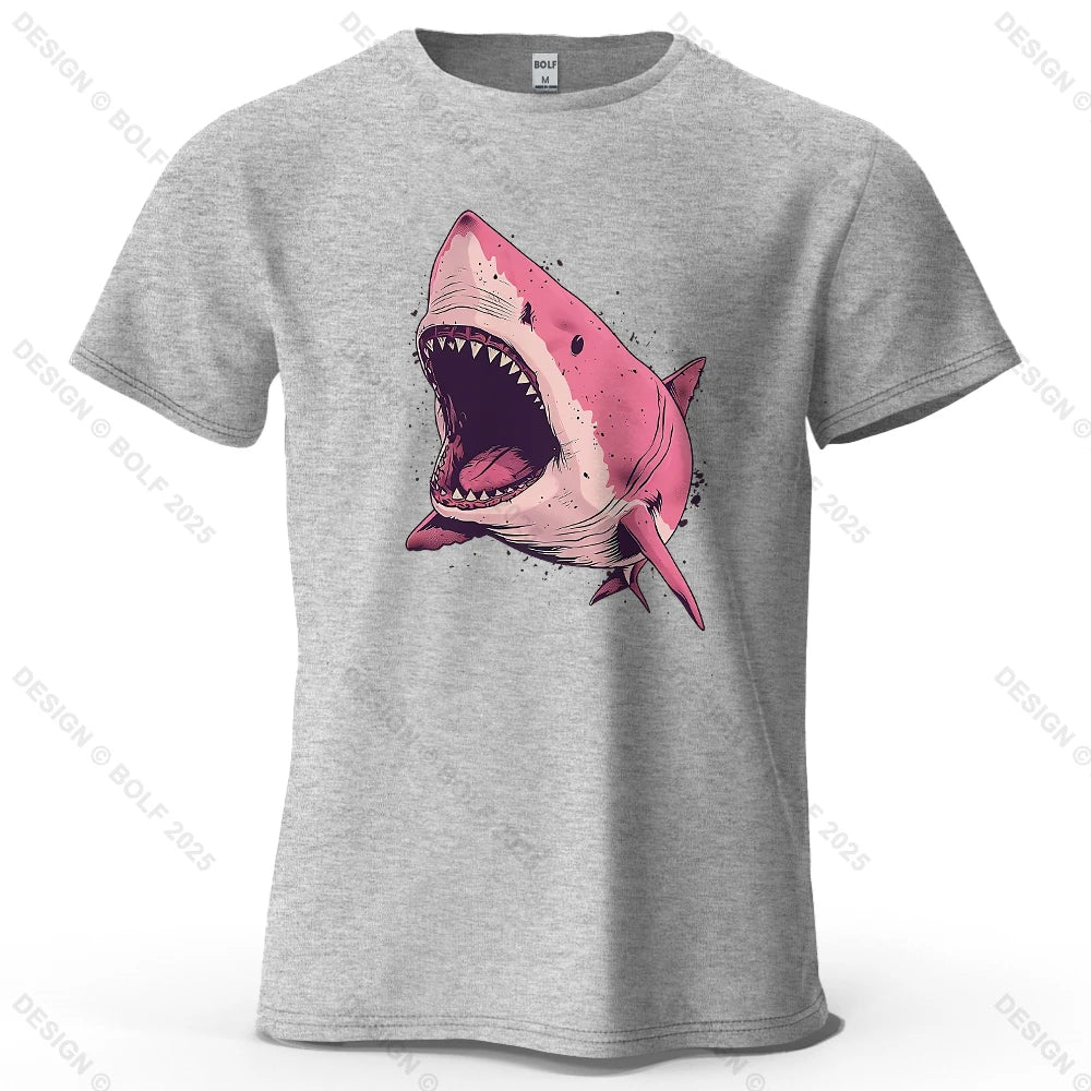 Pink Shark Cartoon Image Printed Men's T-Shirt 100% Cotton Oversized Marine Life Graphic Tees for Women Tops Tees Streetwear