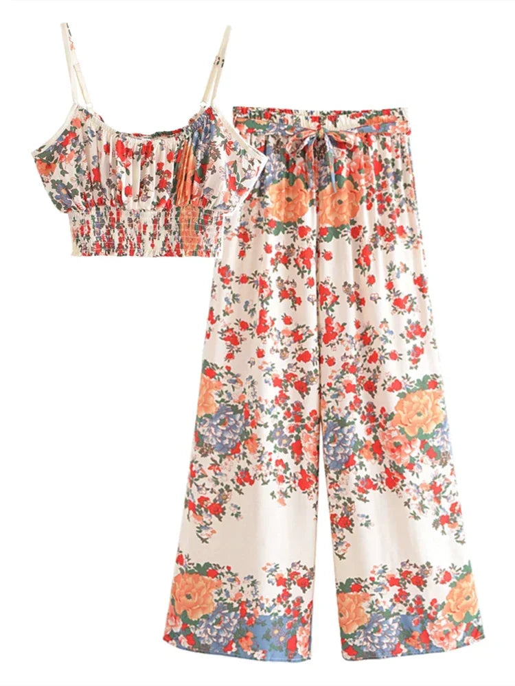 Vintage Chic  Women Floral Print Outfits Strap Sleeveless Tops Bohemian Suits Drawstring Pants 2 Pieces Rayon Cotton Boho Sets
