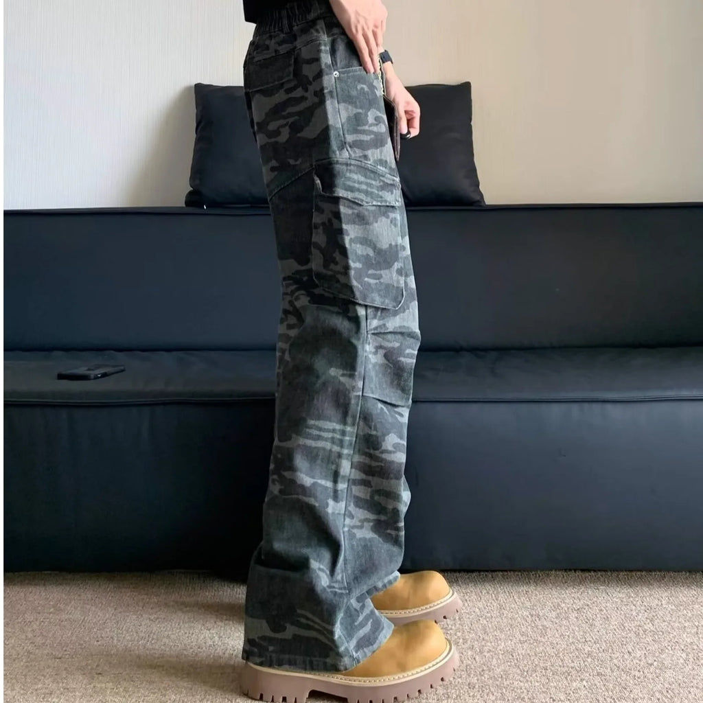 Summer Large Size American Retro Camouflage Work Pants Men's Loose Straight Leg Jeans with Diagonal Pockets Casual Long Trousers