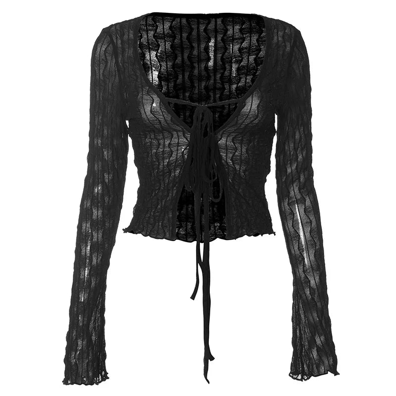 Gothic Lace Up Sexy Blouses Grunge Y2k Fairycore Long Sleeve T-shirts Female Transprent Skinny Fashion Tops