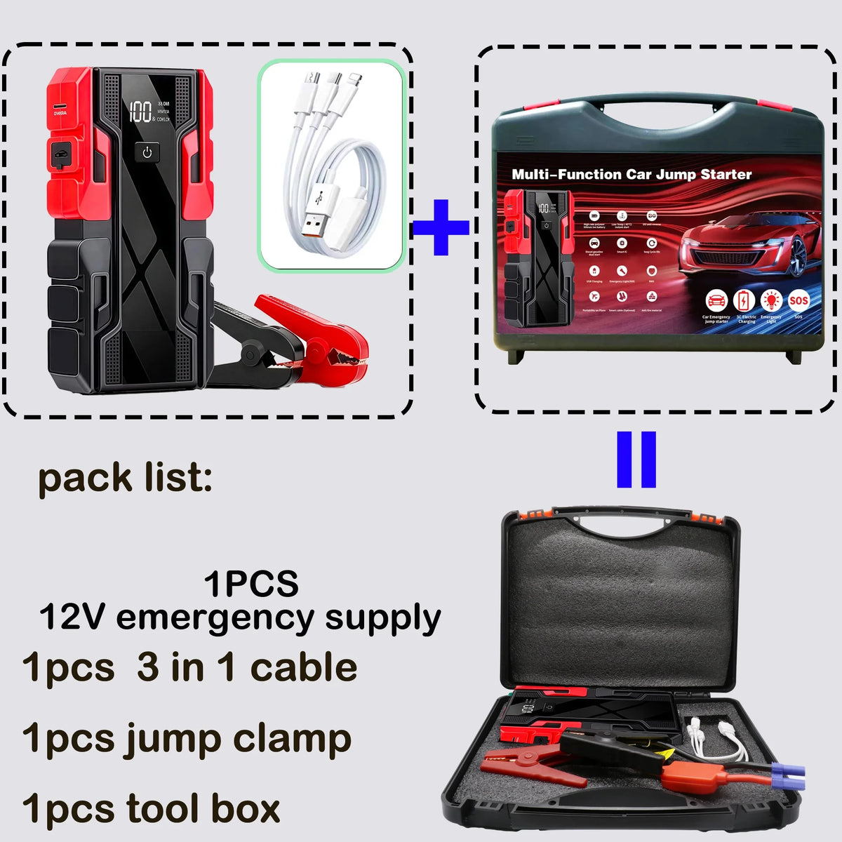 New 12V 99800mAh Portable Car Jump Starter Battery Booster Pack with Digital Display, Heavy-Duty Clamps & Carry Case