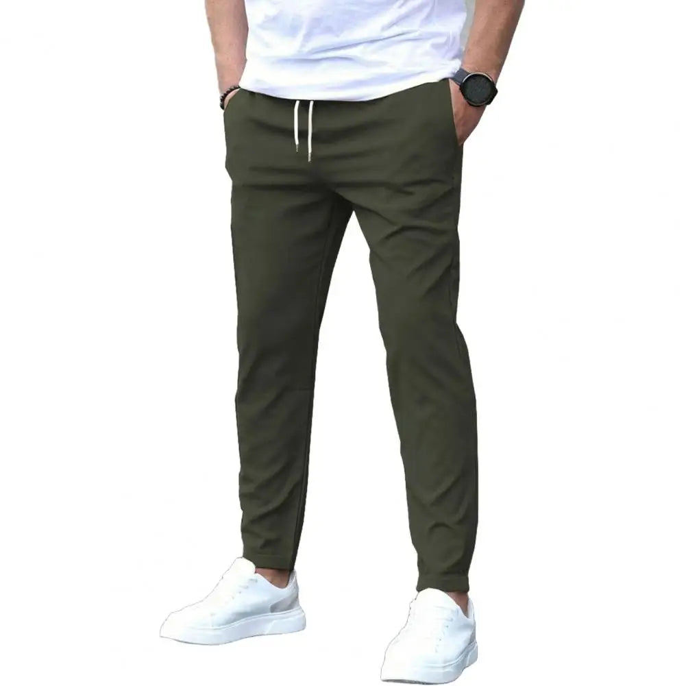 Slim Fit Pants Stylish Men's Slim Fit Drawstring Pants with Side Pockets for Commuting Travel Gym Elastic Waist Casual Trousers