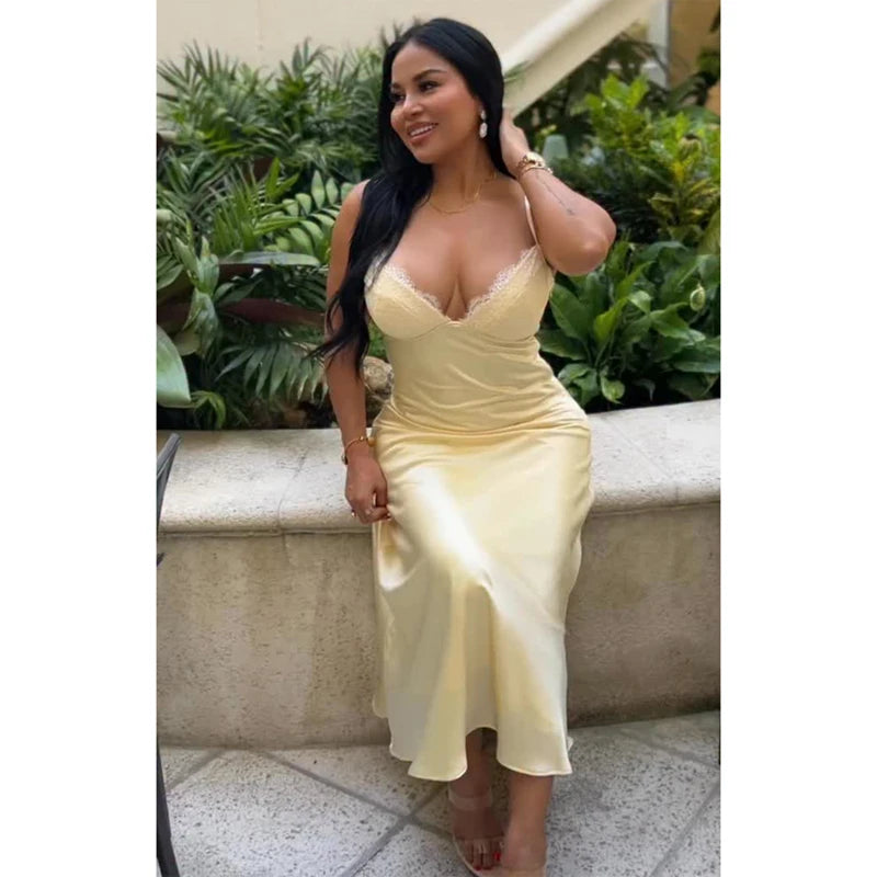 Women Elegant Satin Lace Trim Midi Dress Solid Lace Patchwork Short Sleeve V-neck Summer Dresses 2026 Summer New Holiday Robes