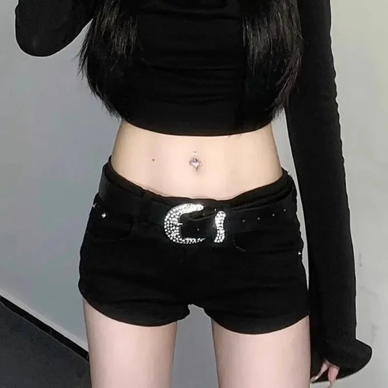 Summer Black Hot Shorts for Women Sexy Low Rise Y2K Gothic Tight Denim Short Pants Female Harajuku Streetwear Grunge Mini Shorts