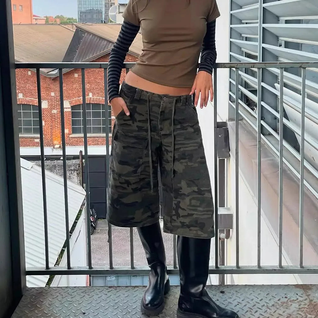 Women Retro Cargo Denim Shorts Vintage Camouflage Print Loose Drawstring Short Pants Y2k Aesthetic Cyber Grunge Streetwear