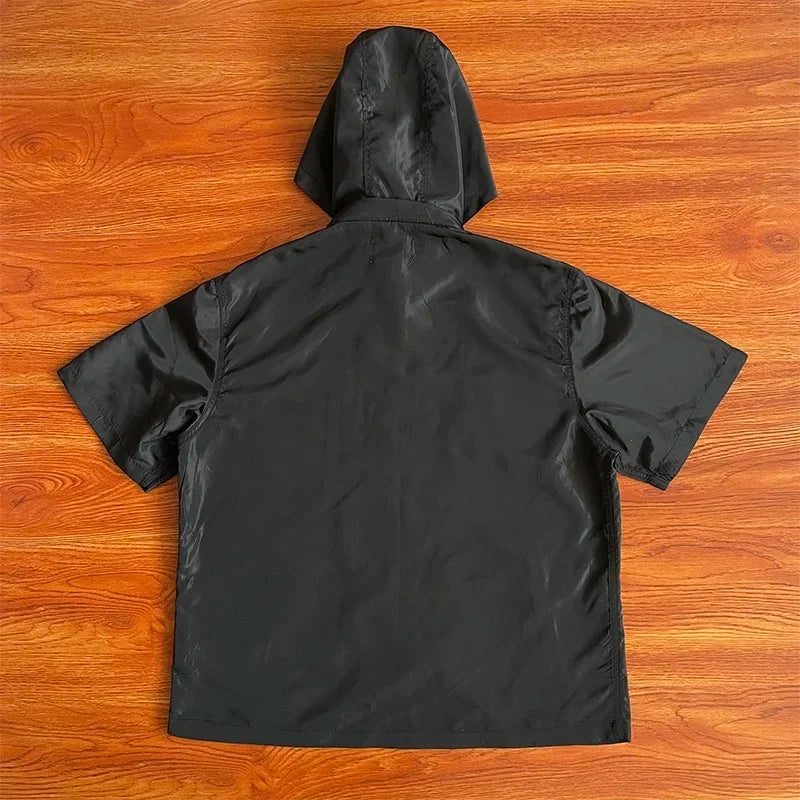 ST VANITY Embroidered Casual Sports Trench Coat with Hooded Short Sleeves
