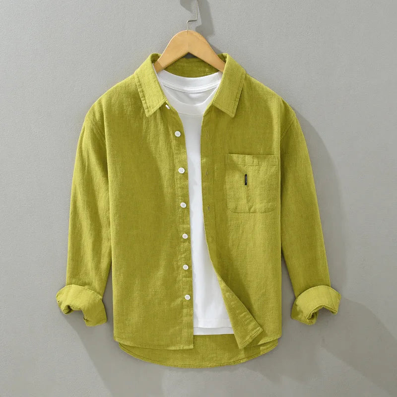2402 Cotton Linen Solid Color Simple Basic Tops Men's Spring Fall Fashion Japan Style Harajuku Healthy Comfortable Casual Shirts